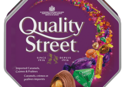 QUALITY STREET Celebration Tin, 180 grams. Assortment of caramels, crèmes, and chocolate pralines.